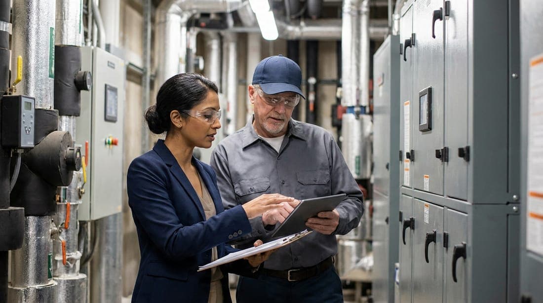 Facilities coordinator reviewing a maintenance work order with a technician in a building mechanical room